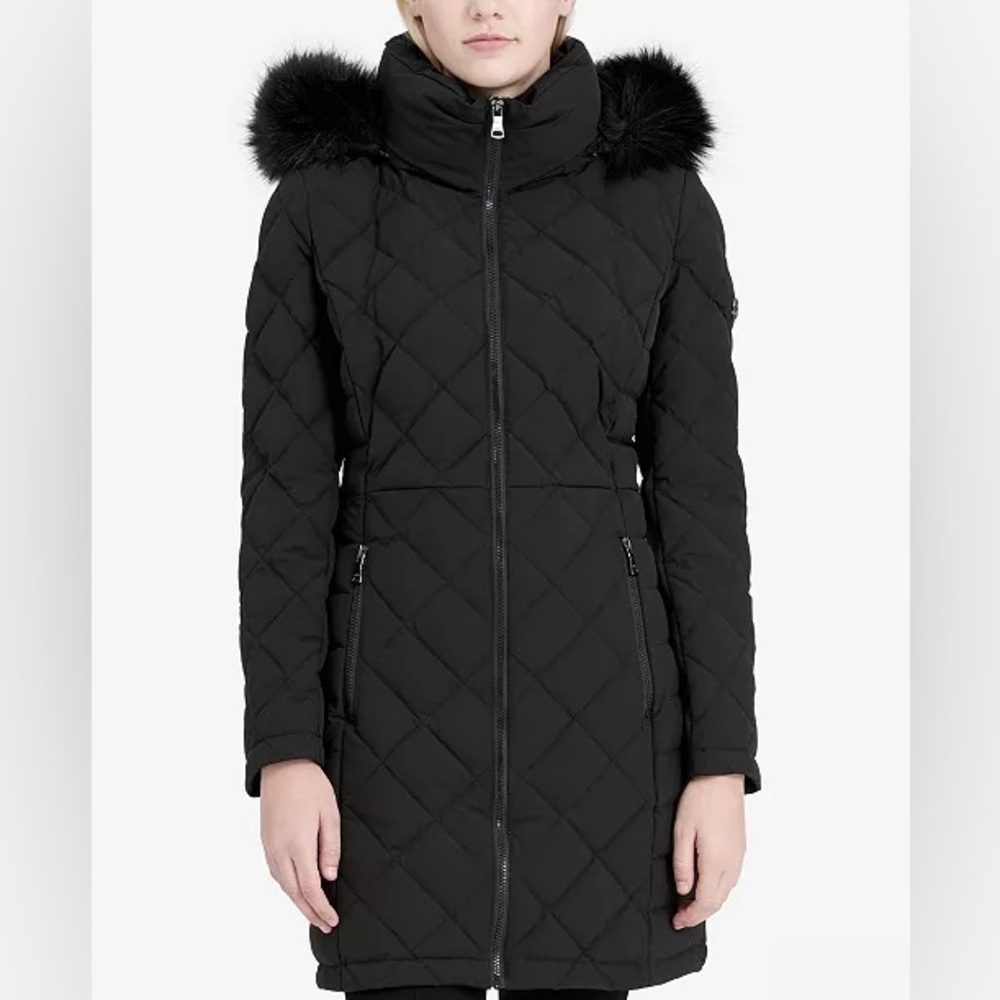 Calvin Klein Black Quilted Long Stretch Down Coat with Faux Fur Hood